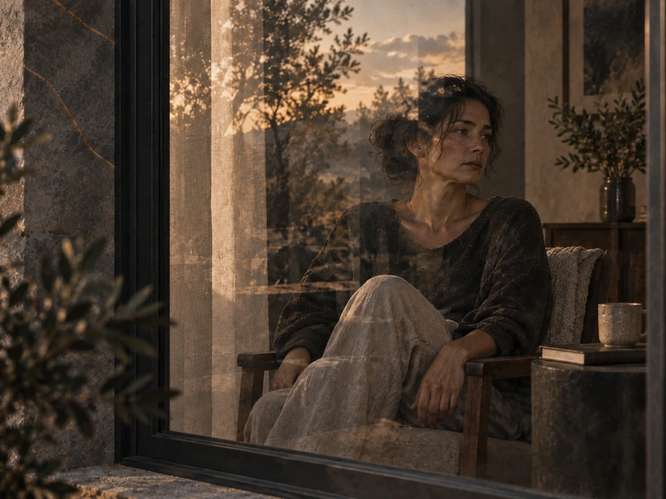 Illustration of a woman seated in an armchair behind a window, with reflections across the glass.