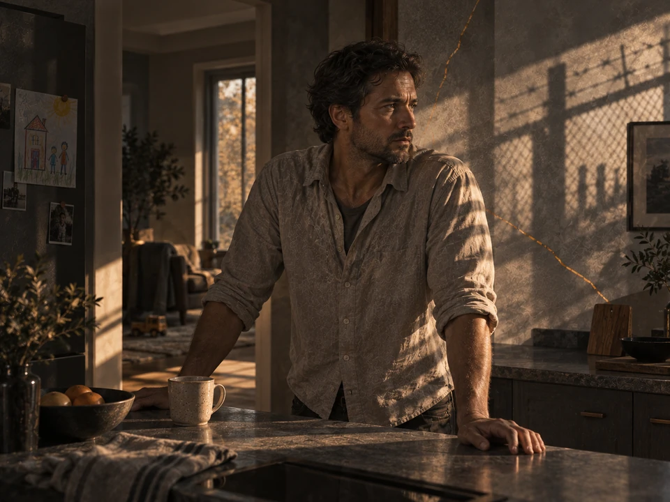 Illustration of a man with both hands on a kitchen counter, with a mug, a child’s drawing, and patterned shadows on the wall.