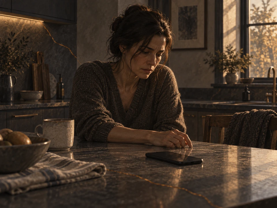 Painterly illustration of a woman at a kitchen counter, one hand resting near a phone with a dark screen.