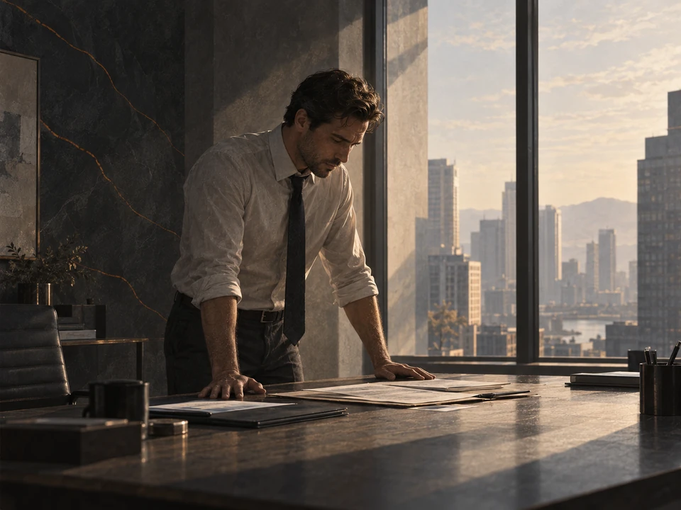 Painterly illustration of a man leaning over an office desk, both hands flat beside papers, with city buildings beyond the windows.
