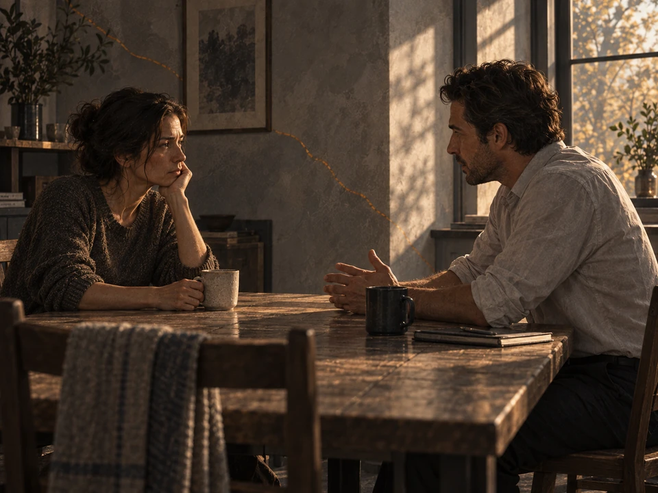 Illustration of two adults facing each other across a worn wooden table in window light.