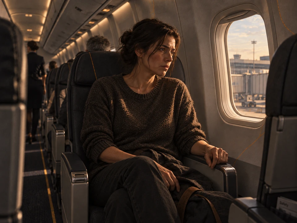 Illustration of a woman seated beside an aircraft window at the gate, with one hand resting on the armrest.