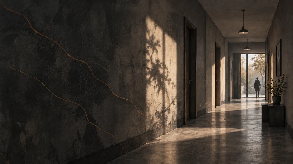 Painterly illustration of a long corridor with amber seams across a dark wall and a person near the daylight at the far end.