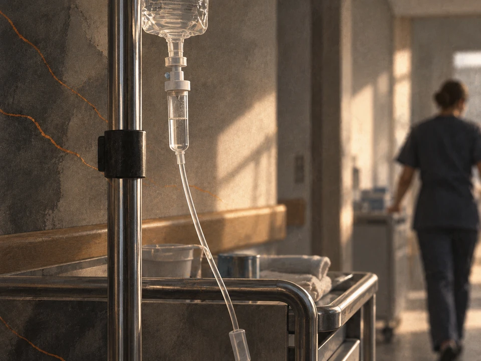 Painterly illustration of an IV drip chamber and tubing beside a metal trolley, with a staff member farther along the hospital passage.
