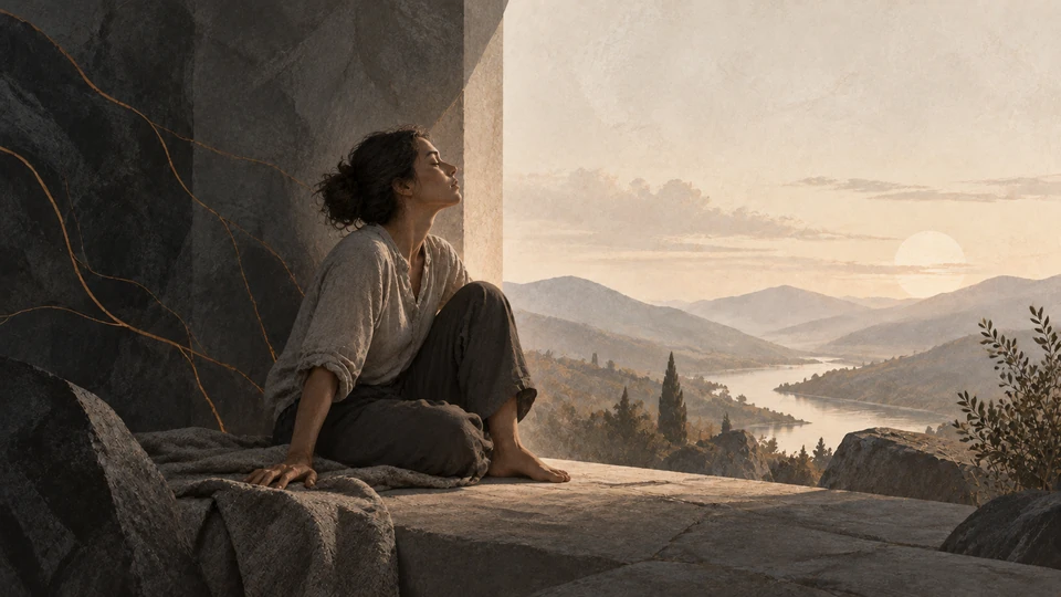 Illustration of a seated woman resting a hand beside her on a stone ledge, with a valley beyond.
