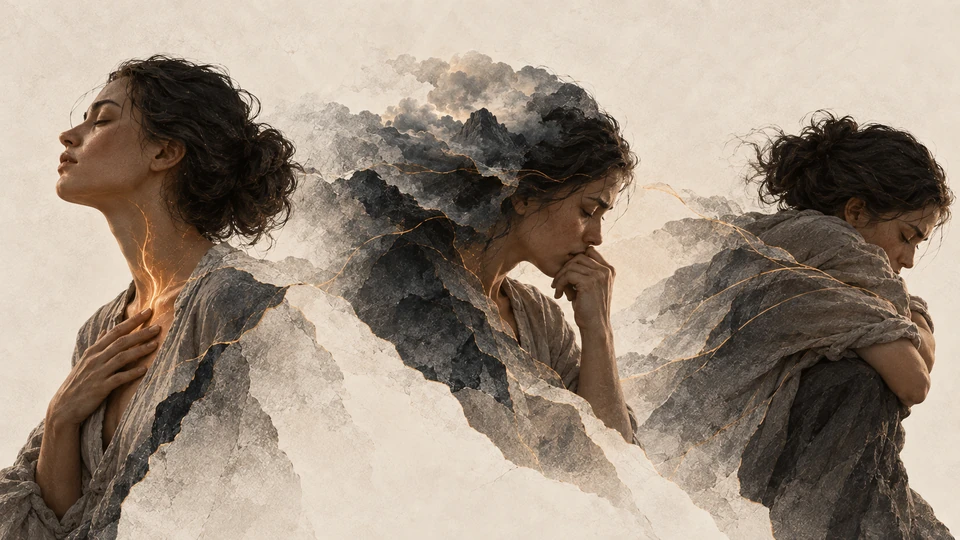 Conceptual illustration of three overlapping figures: a hand at the throat, a hand near the mouth, and arms held close to the body.