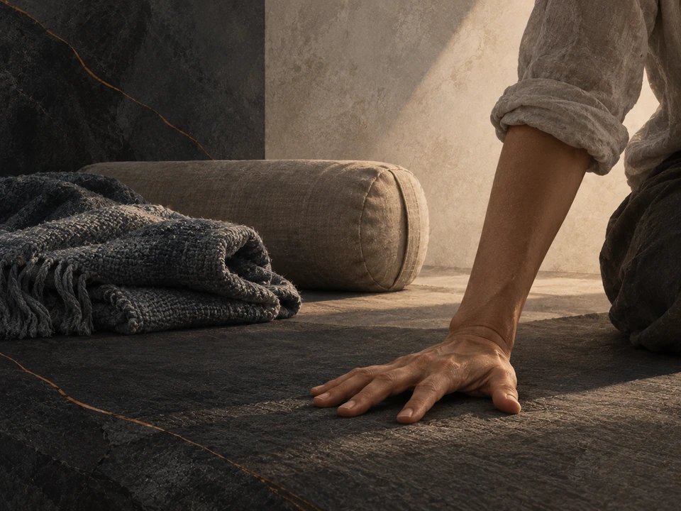 Close-up illustration of a hand pressing against a textured surface beside a folded blue-gray blanket and a canvas bolster.