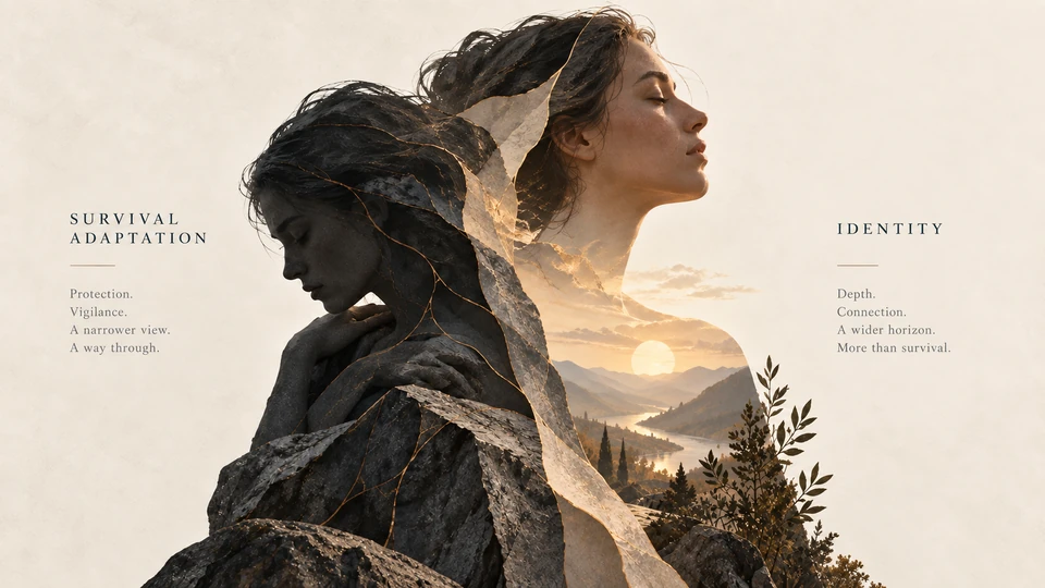 Two overlapping portrayals of one person contrast protective contraction with a wider view of identity. A text description follows.