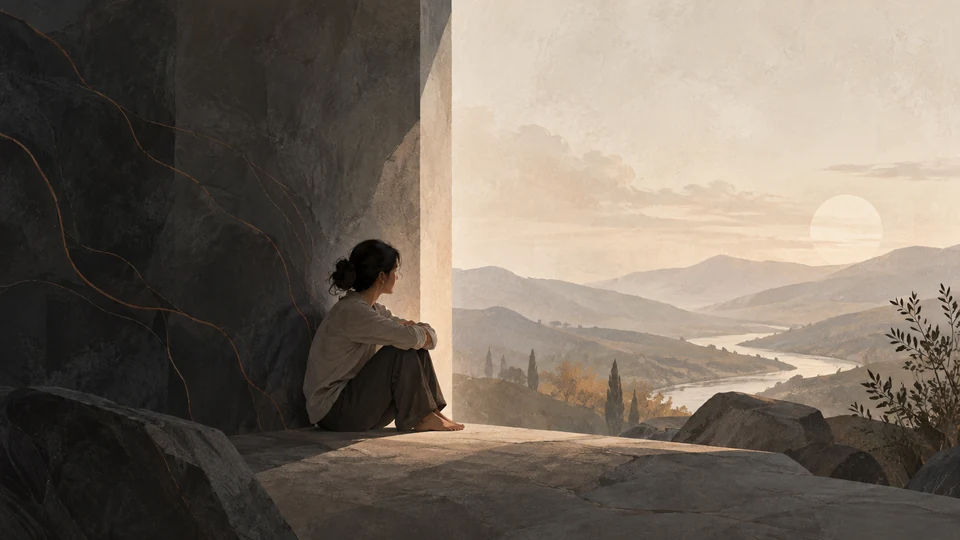 Editorial illustration of a seated person at a stone threshold overlooking a broad valley.